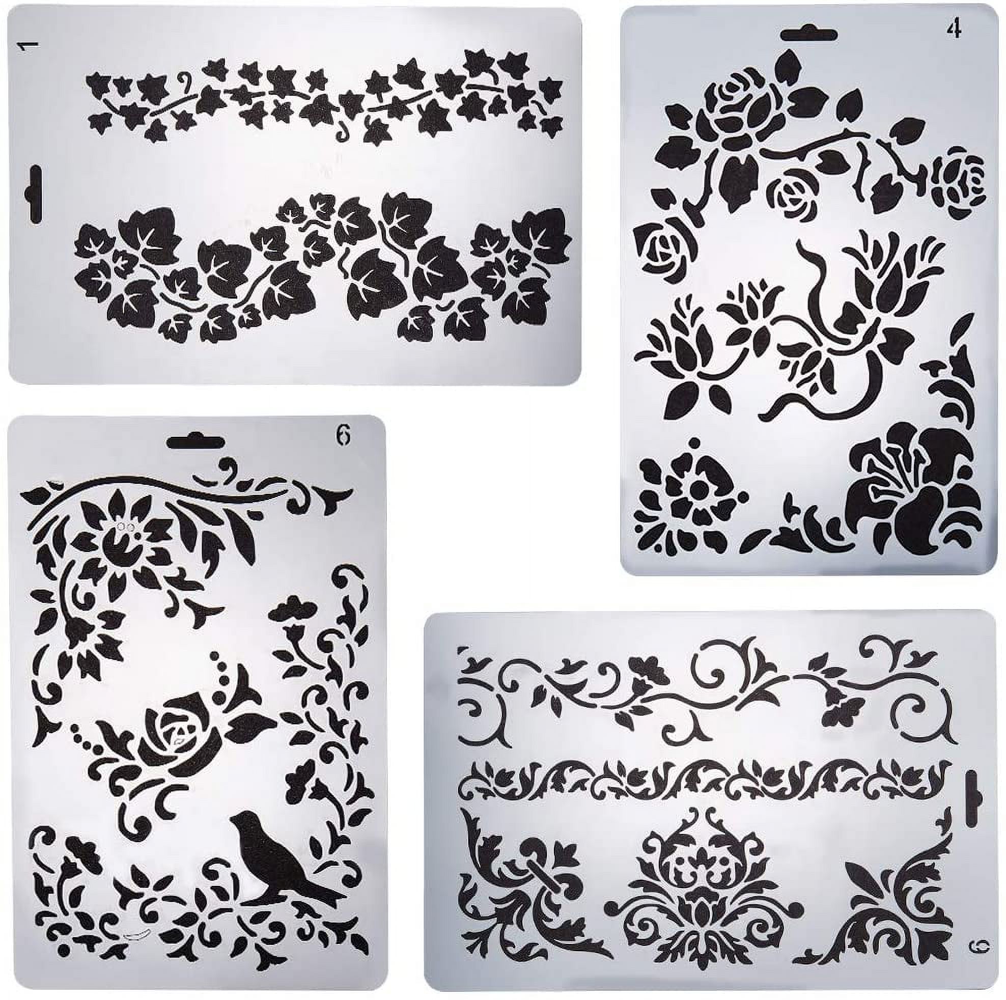 4Pcs 10x6.8Inch Mixed Flower Bird Drawing Stencils Plastic Painting Templates Set for Arts Cart Making Journaling Scrapbooking Diary Wood
